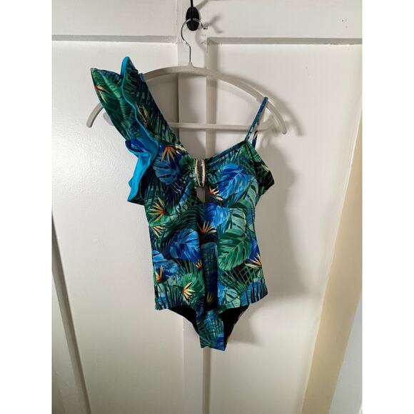 Tropical One-Shoulder Cutout Swimsuit – Palm Leaf Print with Ruffle Strap M - Picture 3 of 13